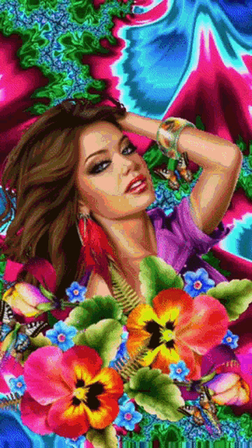 a woman in a purple shirt is surrounded by colorful flowers and butterflies