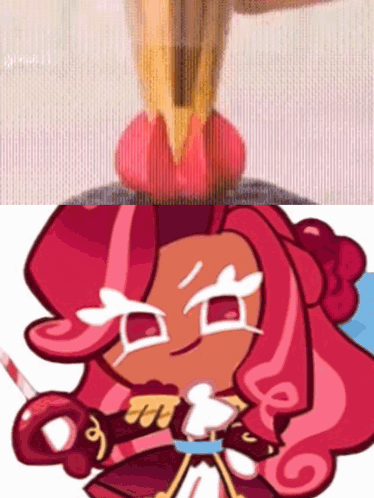 a cartoon character with pink hair and white eyes is holding a pencil in her mouth .