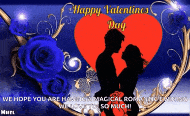 a happy valentine 's day greeting card with a silhouette of a man and woman hugging each other .