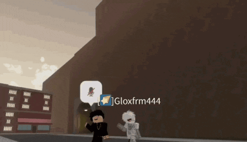 two cartoon characters are standing in front of a building with a speech bubble that says gloxfrm444 on it