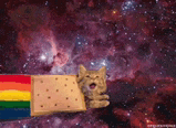 a cat is flying through space with a rainbow colored napkin