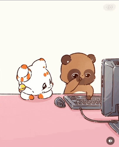 a cartoon of a cat and a panda looking at a computer monitor