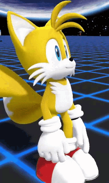 tails from sonic the hedgehog is standing in front of a blue grid
