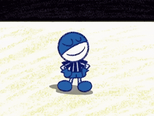 a blue cartoon character with a smile on his face is standing on a white surface
