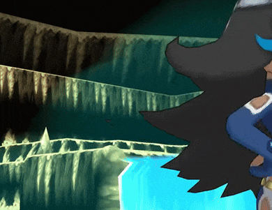 a cartoon character is standing in front of a blue waterfall