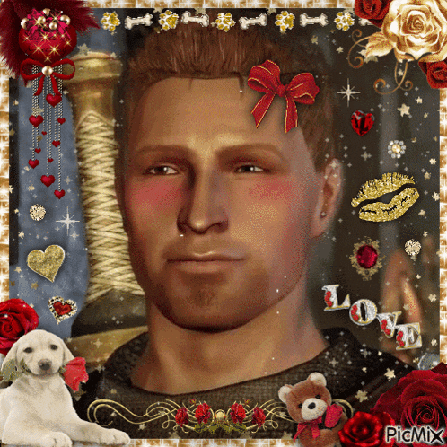 a picture of a man surrounded by hearts and roses has the word love on it