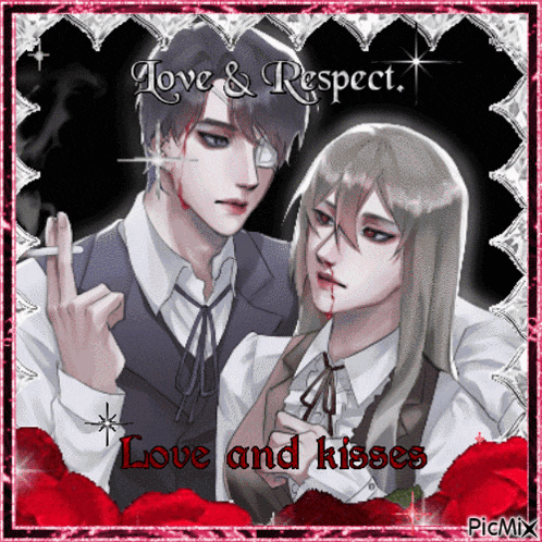 a picture of a man smoking a cigarette next to a woman with blood on her face and the words love and respect