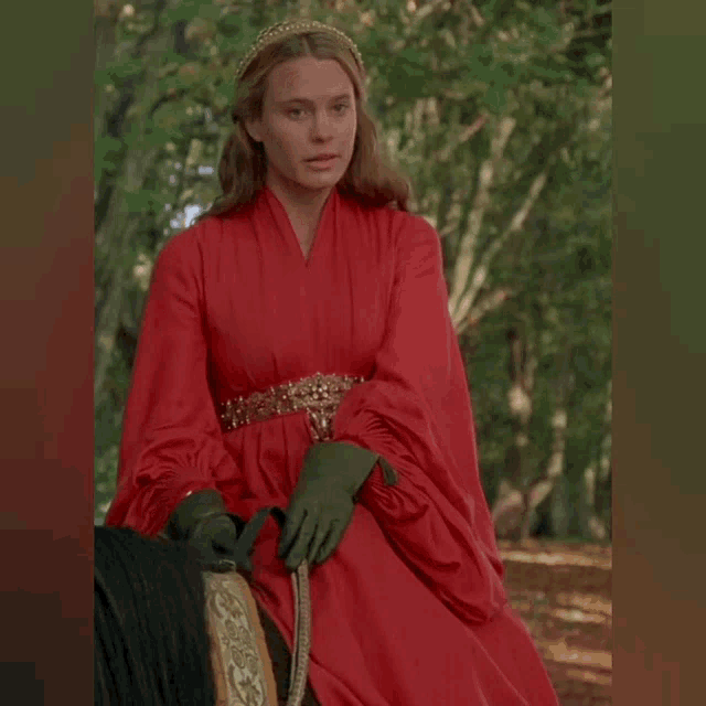 a woman in a red dress is sitting on a horse