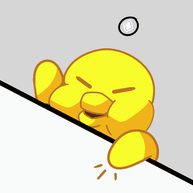 a cartoon of a yellow duck with a blue square above its head