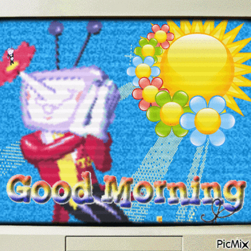 a picture of a robot with flowers and the words good morning on it