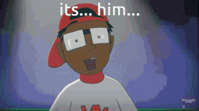 a cartoon character with glasses and a red hat says " it 's him "