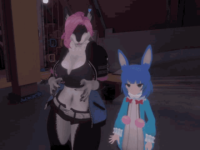 a cartoon character with blue ears is standing next to another character