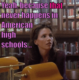 a woman sits in a library with the words yeah because that never happens in american high schools