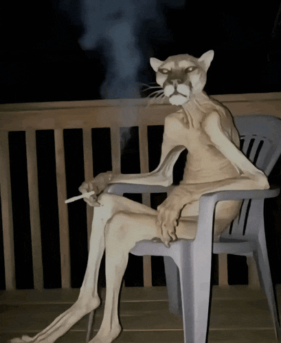 a statue of a cat smoking a cigarette while sitting on a chair