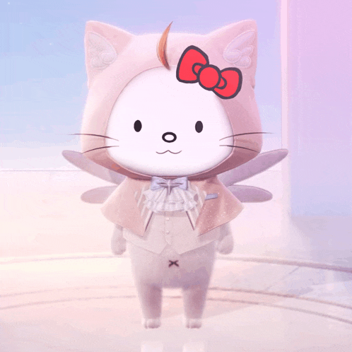 a hello kitty with wings and a red bow on her head