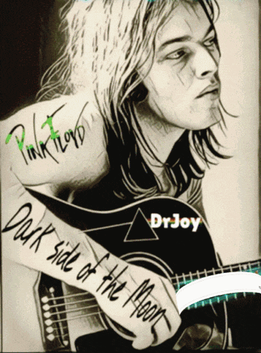 a black and white drawing of a man playing a guitar with the words pink floyd on his arm