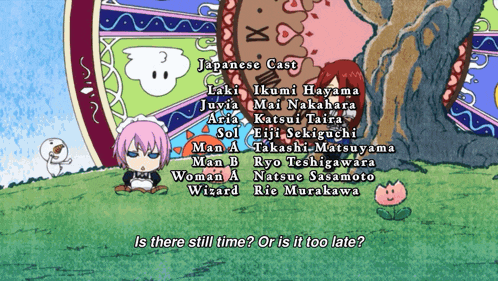 a cartoon of a clock with the japanese cast listed