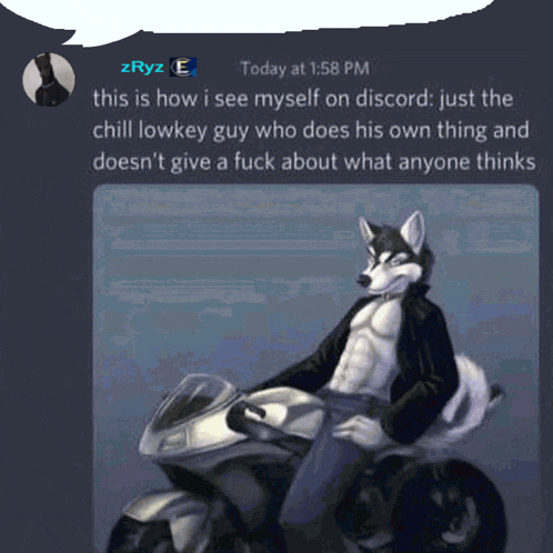 a husky on a motorcycle with a speech bubble above it