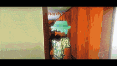 a pixelated image of a man wearing a hat and sunglasses with the word hardy on the wall behind him