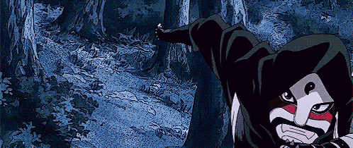 a cartoon of a man in a black hood standing in the woods .