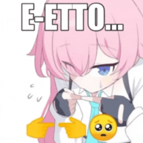 a pink haired anime girl is pointing at a yellow smiley face and says e-etto ..
