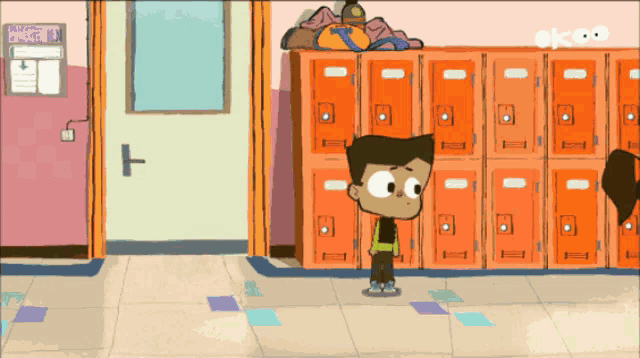a cartoon of a boy standing in front of a row of orange lockers with the word okool on the bottom right