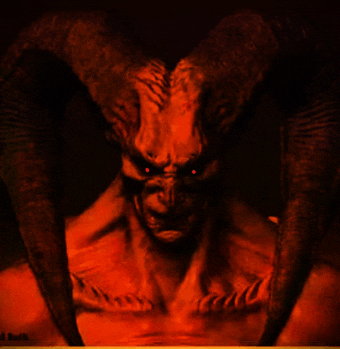 a painting of a devil with red eyes and horns