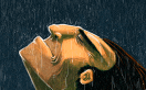 a drawing of a man looking up at the sky in the rain