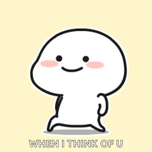 a cartoon character is walking with a smile on his face and the words `` when i think of u '' below him .