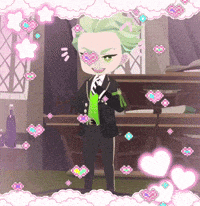 a cartoon character with green hair is standing in a room