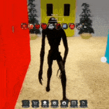 a silhouette of a monster in a video game is standing in front of a red door .