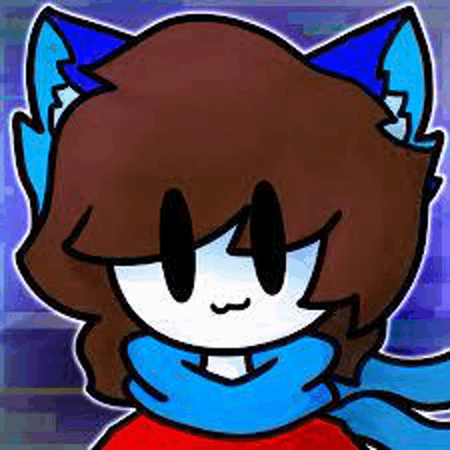 a cartoon character with brown hair and blue ears is wearing a blue scarf .