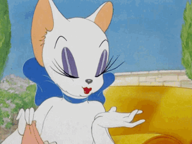 a cartoon cat with a blue bow on her neck