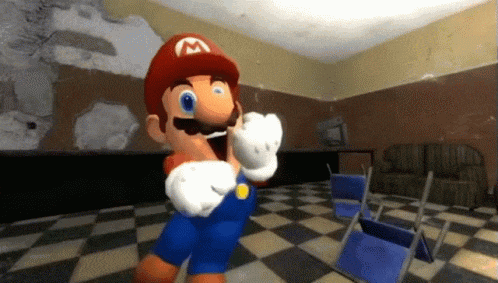 a cartoon character named mario is standing in a room with a checkered floor