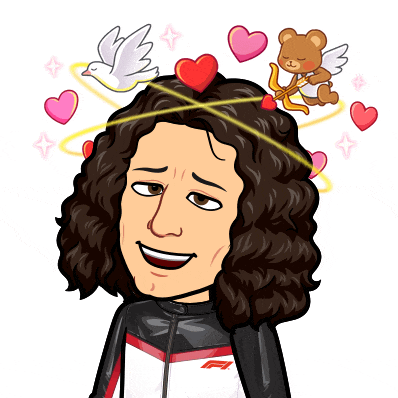 a cartoon drawing of a man with curly hair and a cupid surrounded by hearts