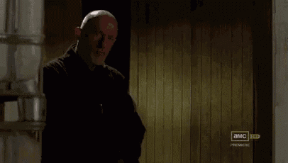 a bald man with a beard is standing in front of a wooden door in a dark room .