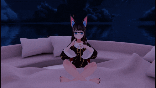 a girl with cat ears is sitting on a bed in front of a body of water