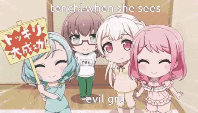 a cartoon of a girl holding a sign that says " tenchi when she sees "