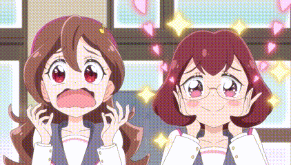two anime girls are standing next to each other in front of a window with hearts flying around them .