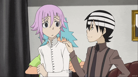 a couple of anime characters are standing next to each other and one of them says " yo "
