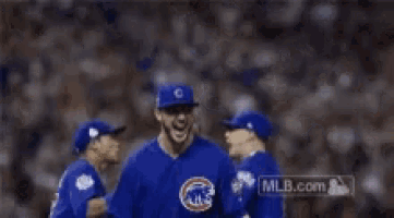 a chicago cubs baseball player celebrates with his teammates during a game