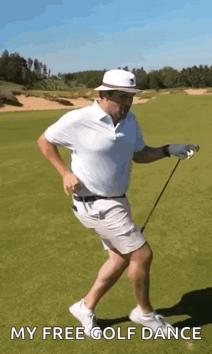 a man is holding a golf club and dancing on a golf course .