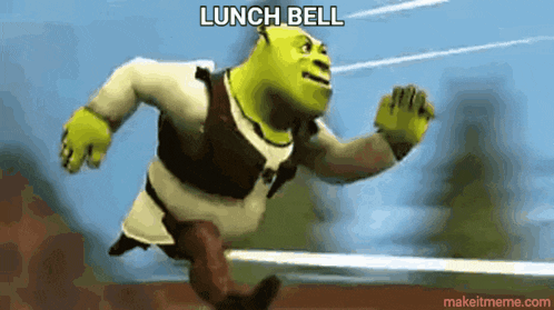 shrek from shrek is running on a track with the words lunch bell above him