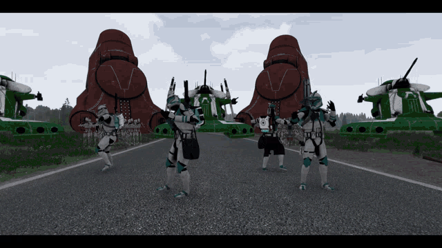 a group of clone troopers are standing on a road in front of a red and green giant