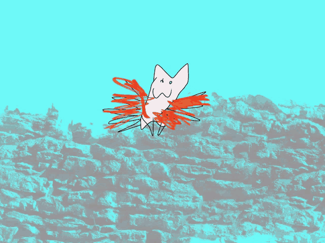 a drawing of a cat with red wings and a blue background