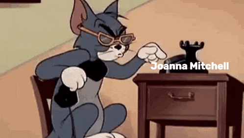 a cartoon of tom and jerry talking on a phone with the name joanna mitchell below them
