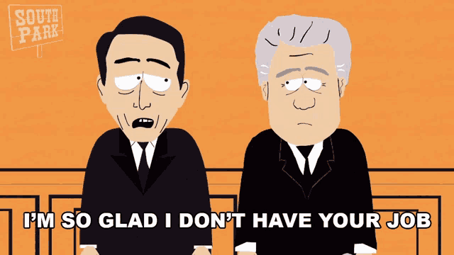 a south park cartoon shows two men standing next to each other