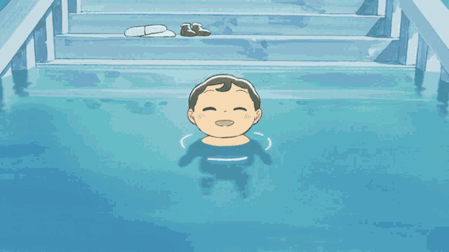 a cartoon of a person swimming in a pool with stairs in the background