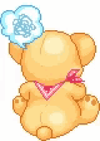 a pixel art of a teddy bear with a speech bubble .