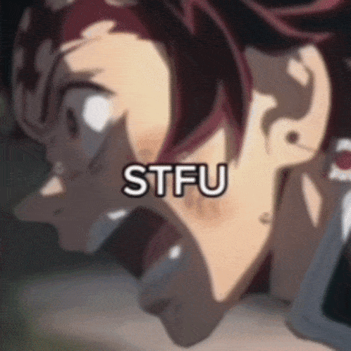 a close up of a person 's face with the words stfu written on it